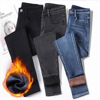 increase elastic high waist thermal jeans women denim lined warm slim trousers winter thickening bound feet pants jeans