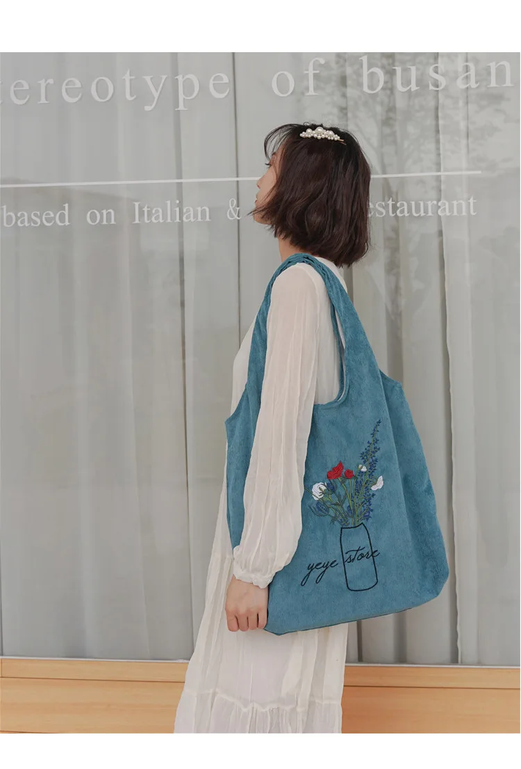 New Women Corduroy Shoulder Bag Ladies Embroidery Canvas Shopping Bags Female Eco Cotton Cloth Handbag Foldable Tote - Цвет: D