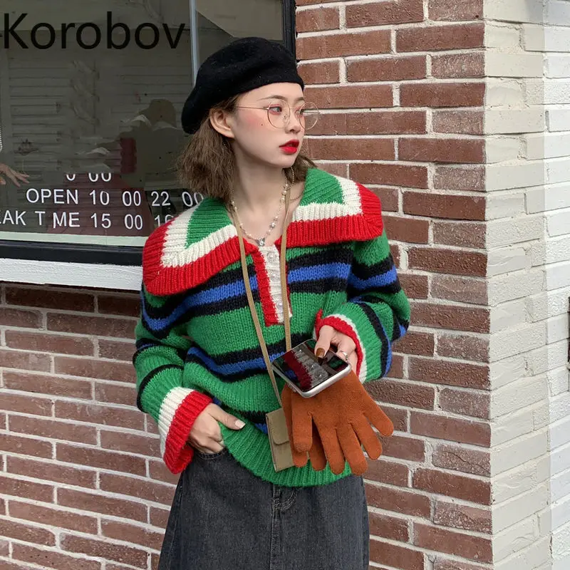 

Korobov 2021 New Arrival Women Pullovers Sweaters Vintage Hit Color Striped Sweater Korean Chic Turn-Down Collar Sueter Mujer