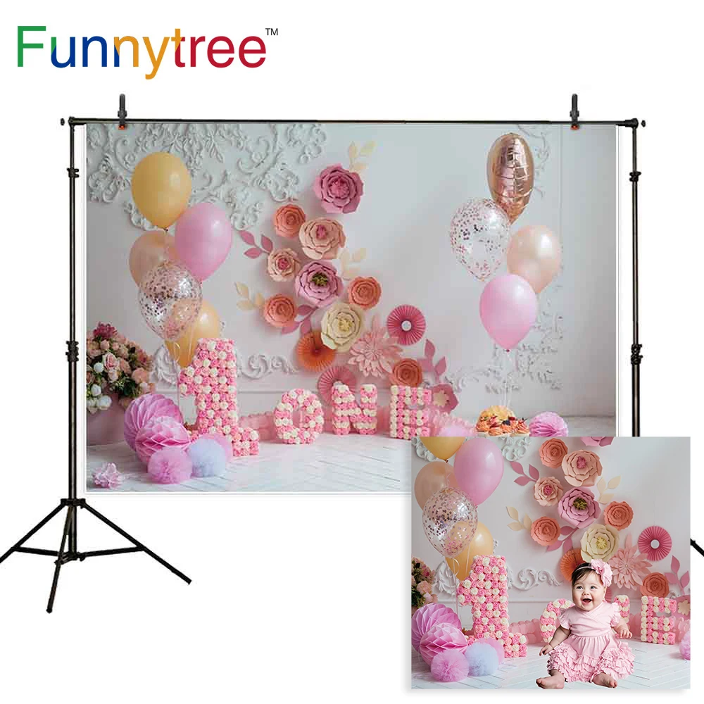 

Funnytree воздушные шары первый день рождения ребенок разбивать торт Фон фотографии деревянный пол дети дома фон фото студия Декор