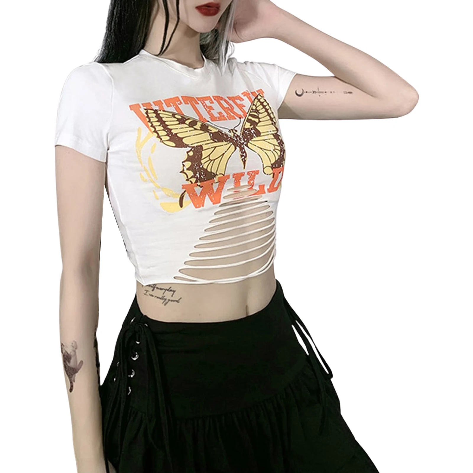 

2021Ladies Summer Round Collar T-shirt, Preppy Style Butterfly Letter Printing Short Sleeve Midriff-baring Top Hollow Base Shirt
