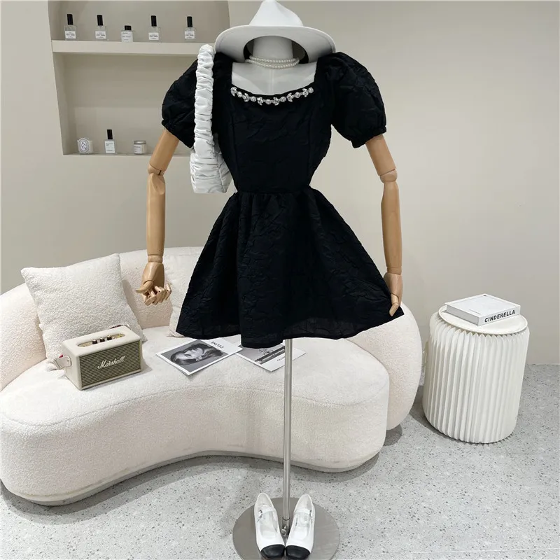 

Women's Spring Summer 2021 Niche Design Fashion Black Square Neck three-dimensional Niche Design Dress
