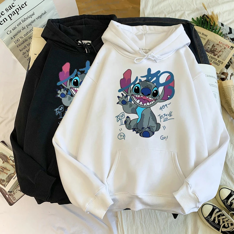 

Disney Stitch Hoodies Women Men Harajuku Pullovers Cute Kawaii Casual Tops O-Neck Angel Print Hooded Sweatshirt Long Sleeves