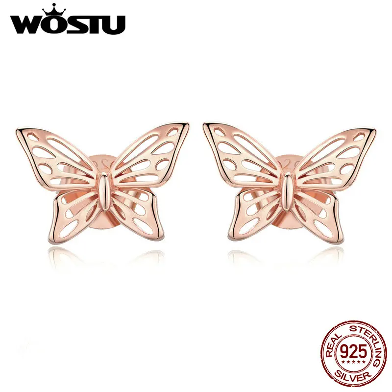 WOSTU,, новинка, 925 пробы, серебряные ажурные серьги-гвоздики в виде бабочки для женщин и девушек, серебряные ювелирные изделия, подарок FIE452