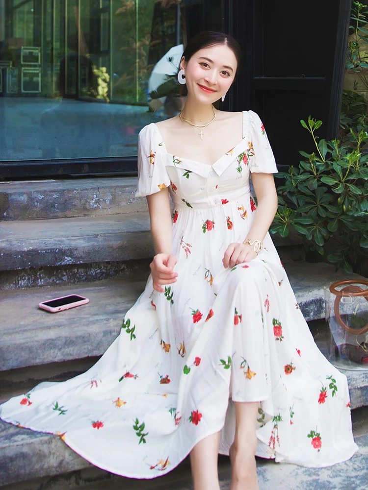 

Fashion Retro Dress for Women 2021 Summer New Short Sleeve Printed Large Swing Dress French Elegant Fairy Square Collar Dress