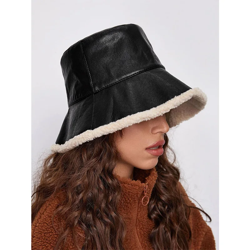 

Осенне-зимняя теплая Женская однотонная шерстяная Панама пэчворк из искусственной кожи черная Рыбацкая винтажная вязаная шапка для ракови...