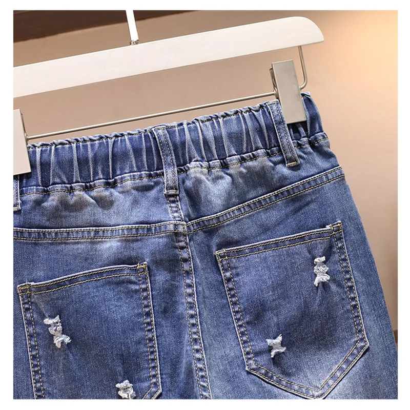 

Oversized Summer Jeans Women New Elastic High Waist Harem Pants Embroidery Beaded Holes Vintage Denim Pants Female Cropped Pants