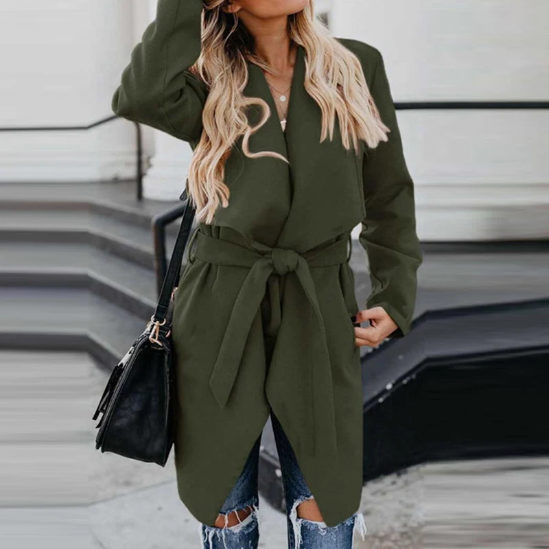 

Women Elegant Lace-Up Belt Long Sleeve Coat Casual Fashion Slim All-Match Overcoat Fall/Winter New Lapel Solid Color Wool Jacket