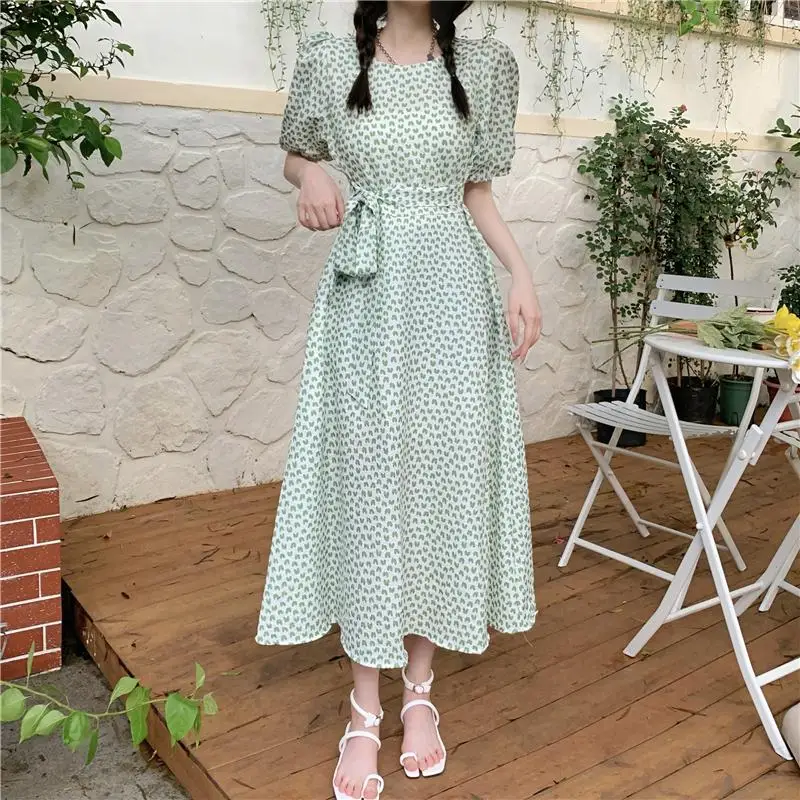 

Summer Women's Floral Chiffon Dress French Style Puff Sleeve Lace-up Elegant Dress Female Vestidos
