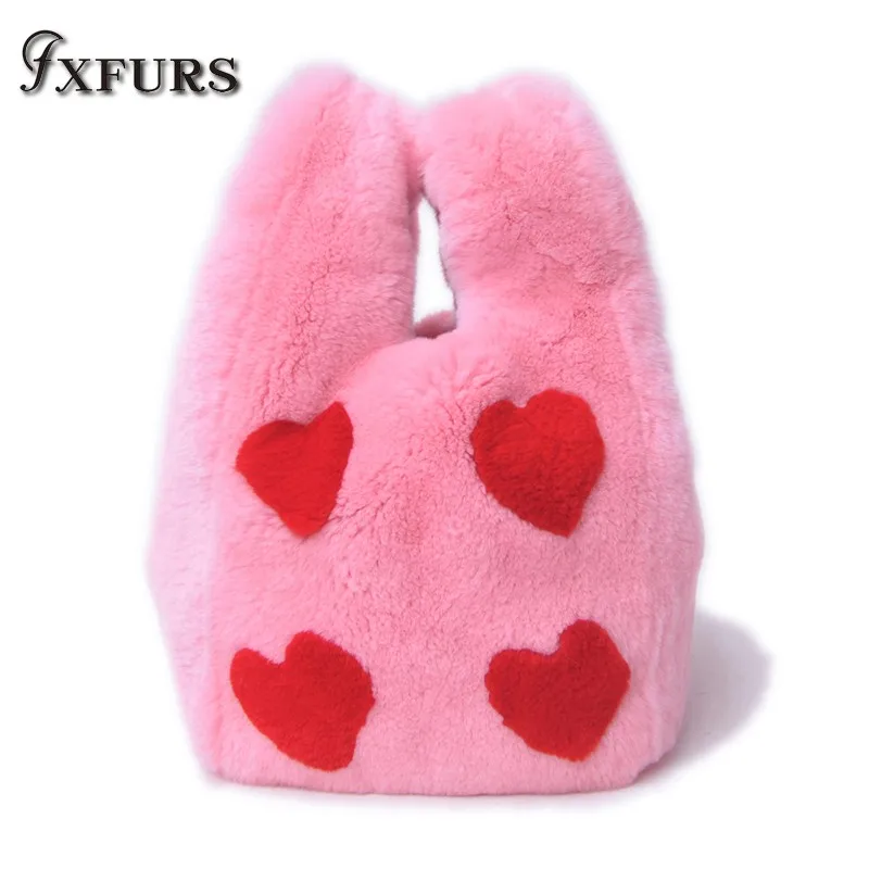 2020 New Whole Fur Rex Rabbit Fur Bag with Heart Five-star Portable Bag Korean Version of Lady's Jacket Handbag Real Fur Wrist