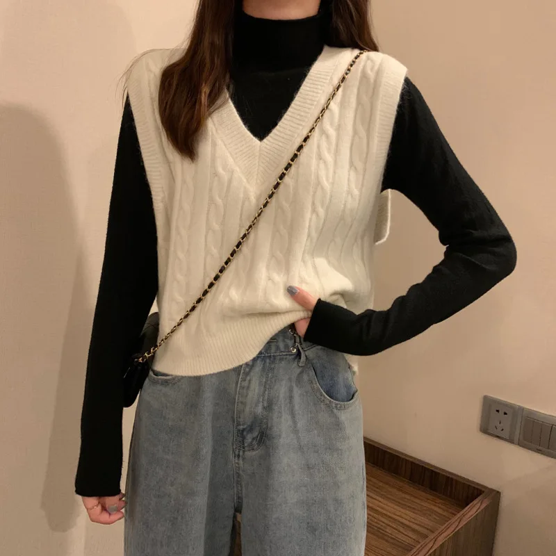 

Sutimine Women Vest Simple All-match Style V-neck Knitted Sweater Leisure Student Sleeveless Female Vintage Sweater Waistcoat