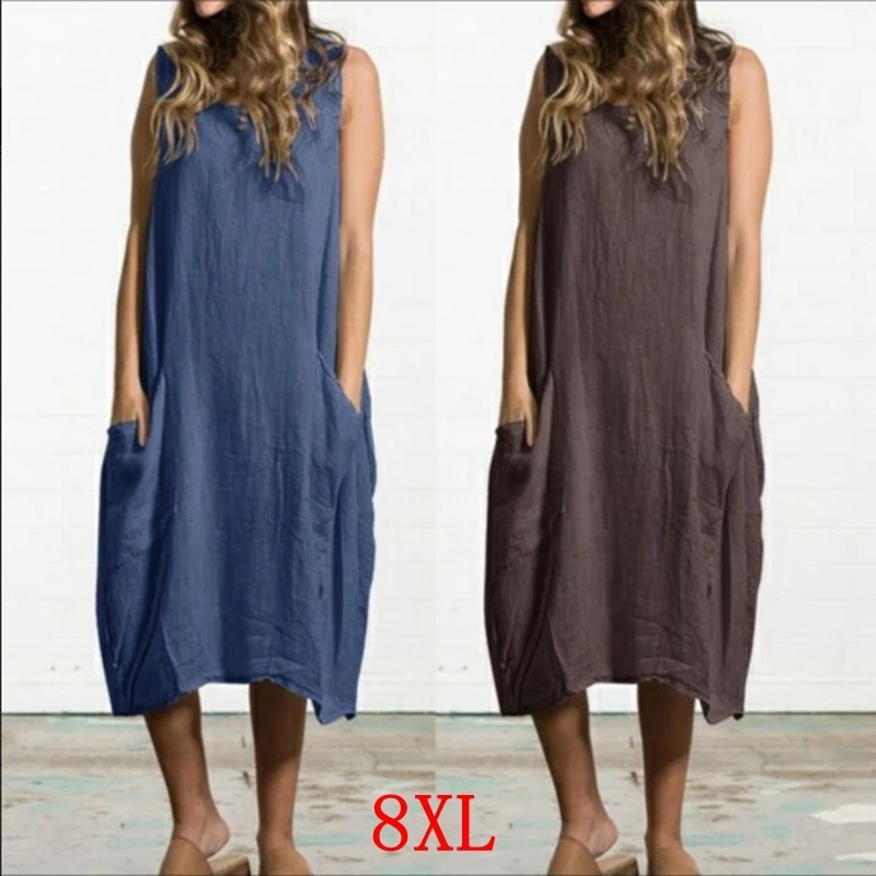 

Женское летнее платье размера плюс, 5XL, 6XL, 7XL, 8XL, с круглым вырезом, без рукавов, повседневное свободное синее платье большого размера с карма...