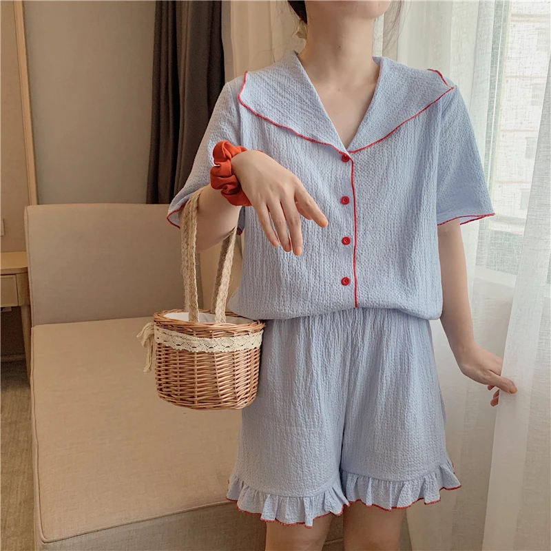 

Summer solid pajamas set women short sleeve two piece female 100% cotton Korean pyjimas turn down collar homewear leisure