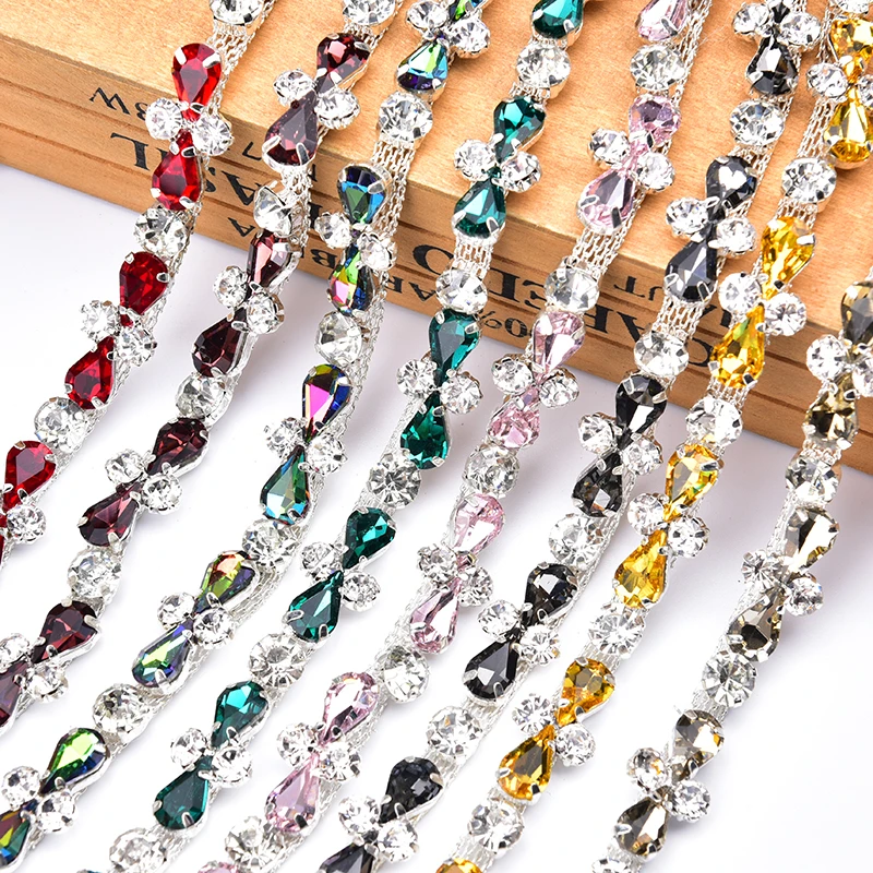 

Multicolor Water Drop Glass Rhinestone Welding Cup Chain Wedding Dress Diamond Crystal Bow Metal Trim DIY Clothes Accessories
