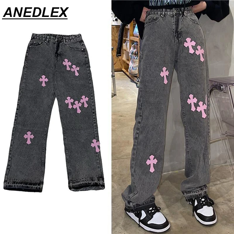 

Уличные женские джинсы в стиле хип-хоп 2021, прямые брюки с перекрестной вышивкой, Модные свободные готические брюки, Осенние повседневные бр...