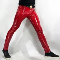 m 6xl plus size leather trousers for men red super bright tight mirror leather pants elastic pu pants for male model ds show