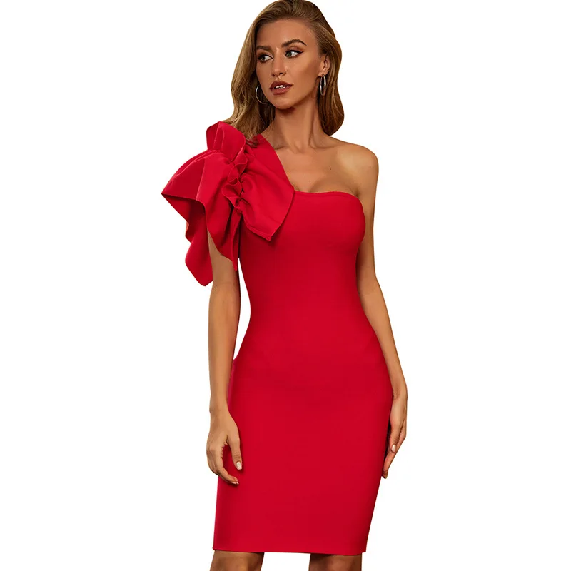 

2021new Ruffle sleeve one shoulder party long bandage bodycon dress elegant women off shoulder sexy red dress ladies dresses
