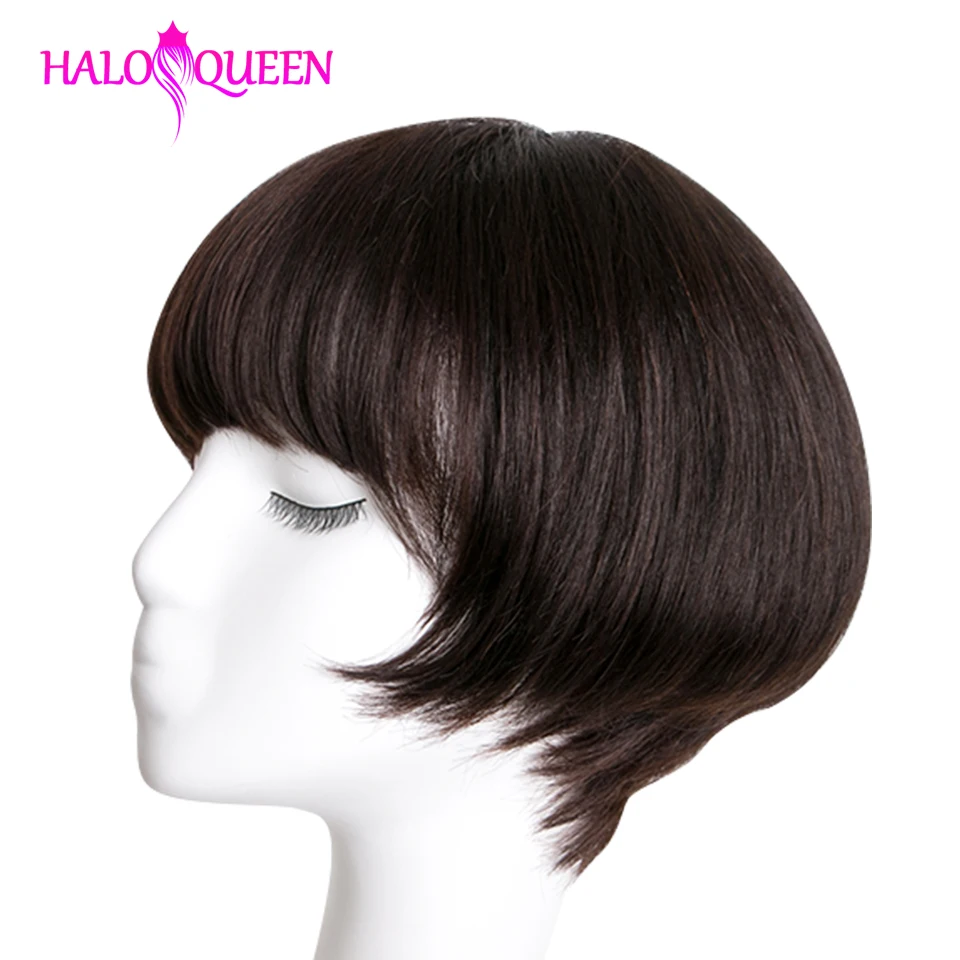 Short Wigs Straight Peruvian Remy Hair Human For Women Natural Color Full Machine Made With Bang | Шиньоны и парики