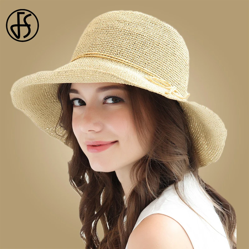 Женская Соломенная шляпка от солнца FS бежевая пляжная с широкими полями
