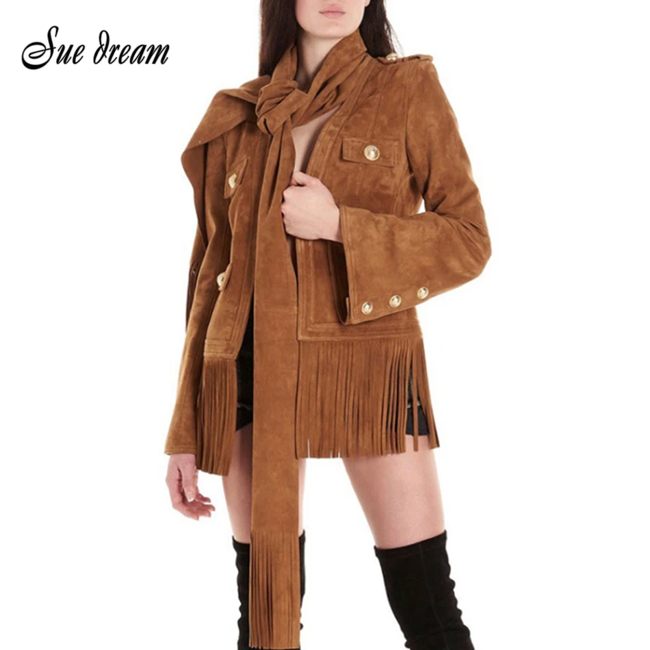 

2021 New Summer Women's Suede Coat Coat Fashion Long Sleeve Button Belt Tassel Coat Brown Cardigan Coat