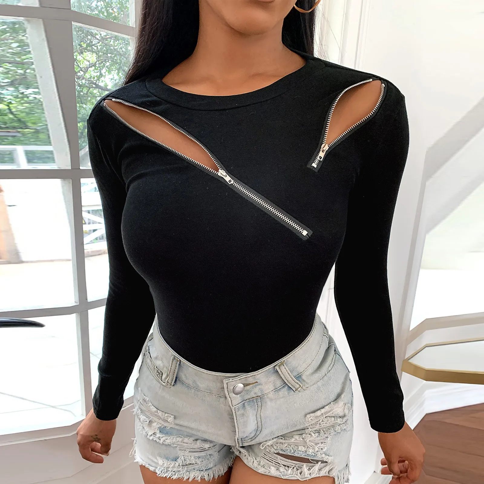 

Harajuku Woman Blouses Corset Top Autumn Sexy Hollow Out Zipper Long-sleeved Round Neck Bottoming Tops Women 2020