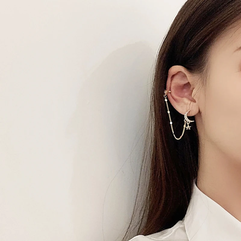 Простые Длинные серьги цепочки в форме Луны и звезды Стразы для женщин Сияющие