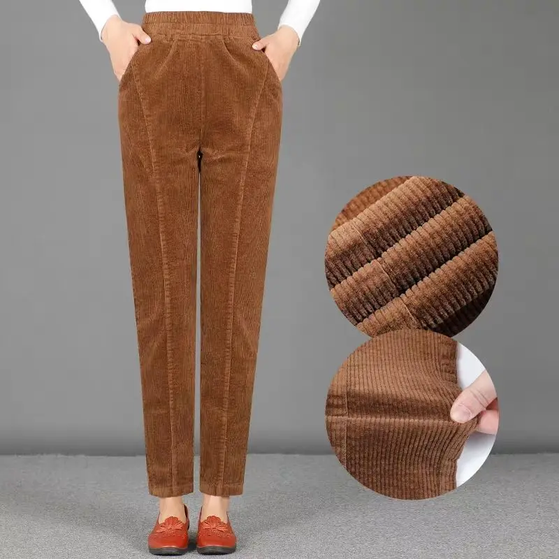 Женские повседневные брюки с высокой талией вельветовые шаровары стрейч большие