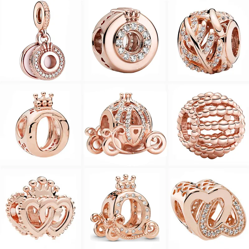 

2022 New Rose Gold Color Crown Carriage Heart Leaves Glittering Beads Fit Original Pandora Charms Silver Color Bracelet Jewelry