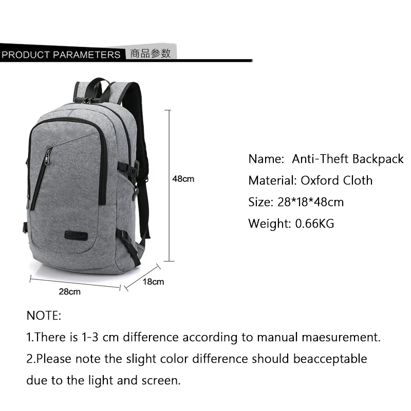 

Business Casual Travel Computer Backpack with USB Charging Oxford Cloth Anti-Theft Lock Student School Bag