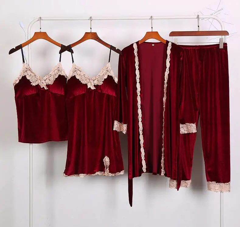 burgundy Розовый осенне-зимний теплый пижамный комплект из 4 предметов, женские сексуальные пижамы, ночная сорочка на бретельках без рукавов, длинные штаны, Халат - Цвет: burgundy