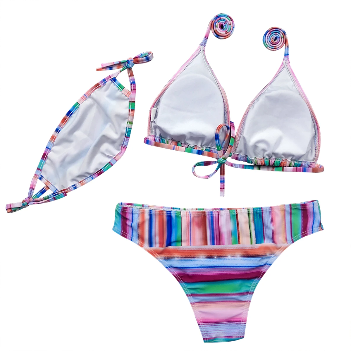 

New Women Summer Sexy Rainbow Striped Suspenders Beachwear Three-piece Cover Up Suit Women Bikinis Clothing