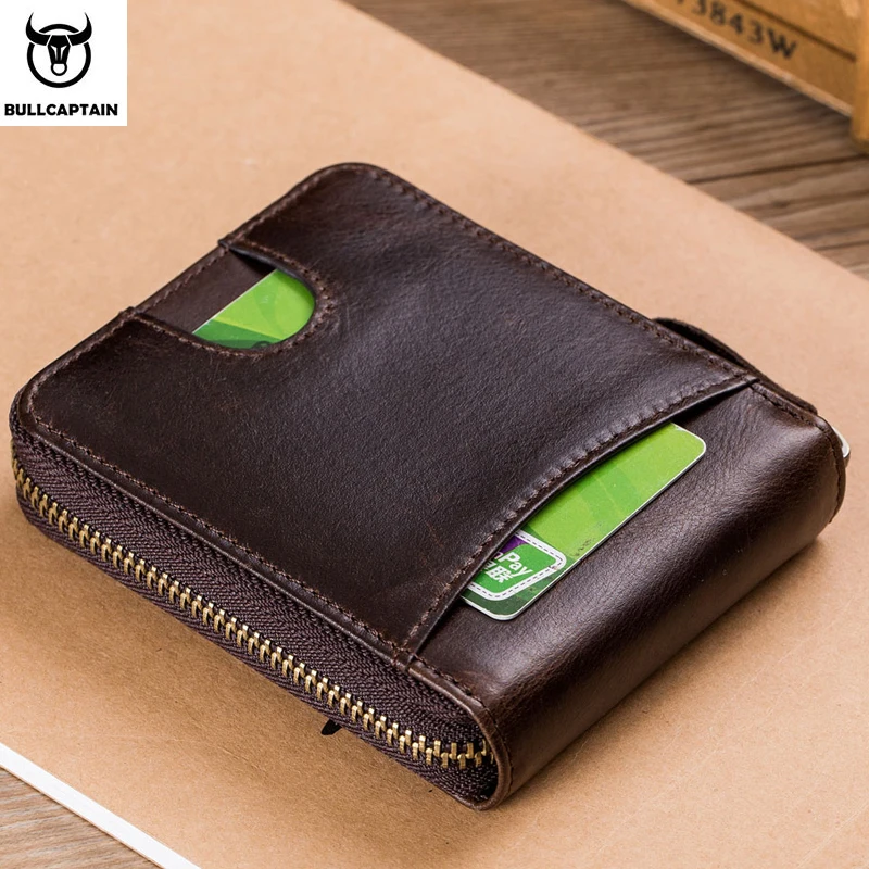 BULLCAPTAIN мужской кошелек из кожи RFID, брендовый кошелек, Ретро стиль, мужской короткий кошелек для монет, кошелек на молнии, держатель для карт, кошелек