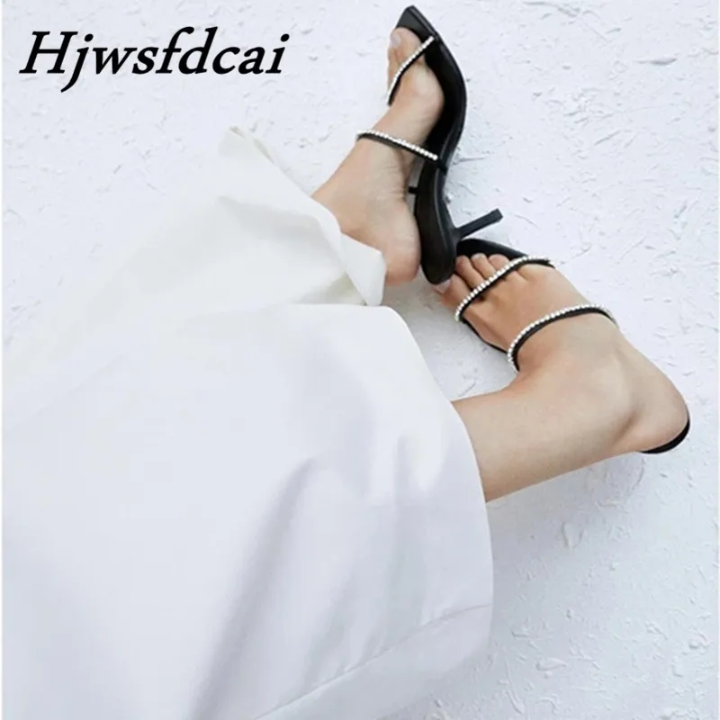

Hjwsfdcai Women's Black Sandals Square Toe Rhinestone Decoration Ladies Thin High Heel Sandals Summer Fashion Party Wedding Shoe