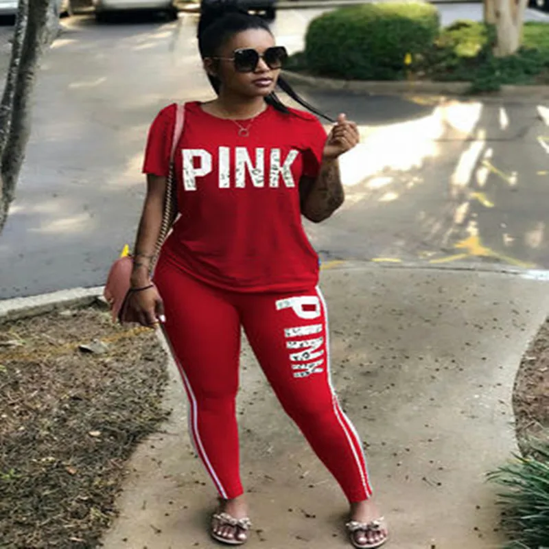 

Summer Pink Letter Print Women Set Sporty Short Sleeve 2 Pieces Tops and Long Pant Suit Female Two Pieces Matching Suit Outfits