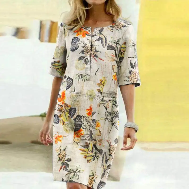 

Autumn Floral Printed Bohemian Sundress Half Sleeveless V-neck Loose Vintage Dress For Women