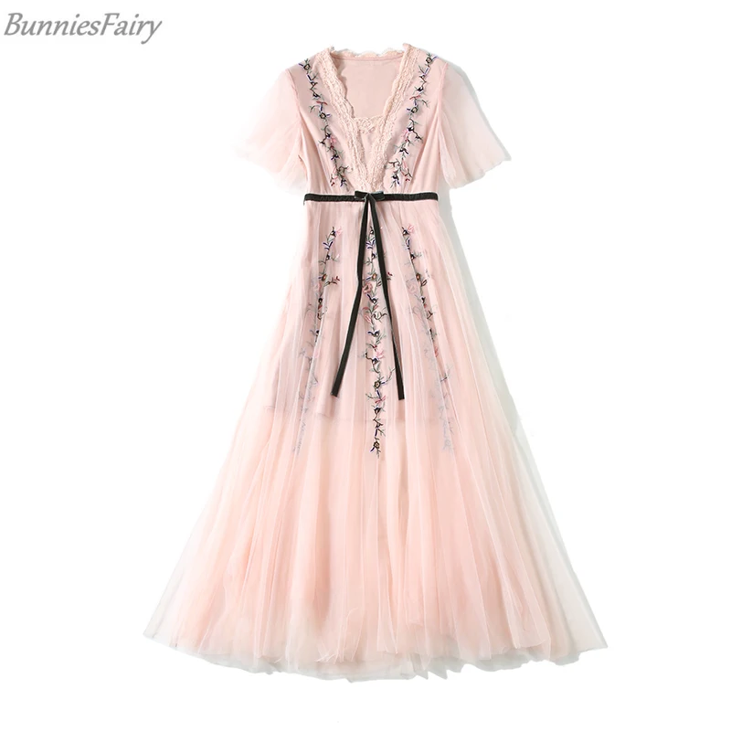 BunniesFairy 2021 летнее богемное Boho для женщин с цветочным принтом платье сетка вышитым
