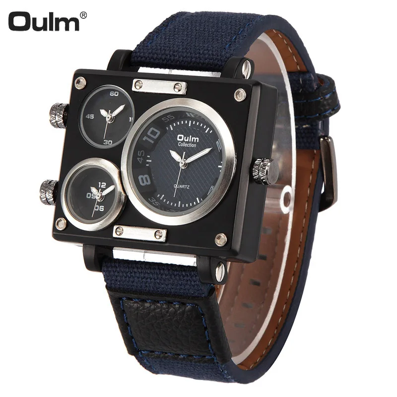 Oulm Men Watch Fashion Sport Canvas Fabric Rectangle Case Double Time Quartz Watches Military Wristwatches | Наручные часы