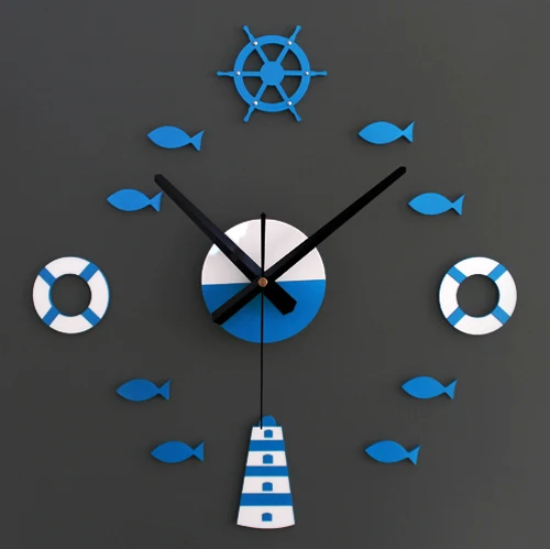 DIY Large Wall Clocks Modern Design Wall Sticker For  Kids Room Decor Children Wall Sailor Watches Life Buoy Blue Sea Ship Fishe