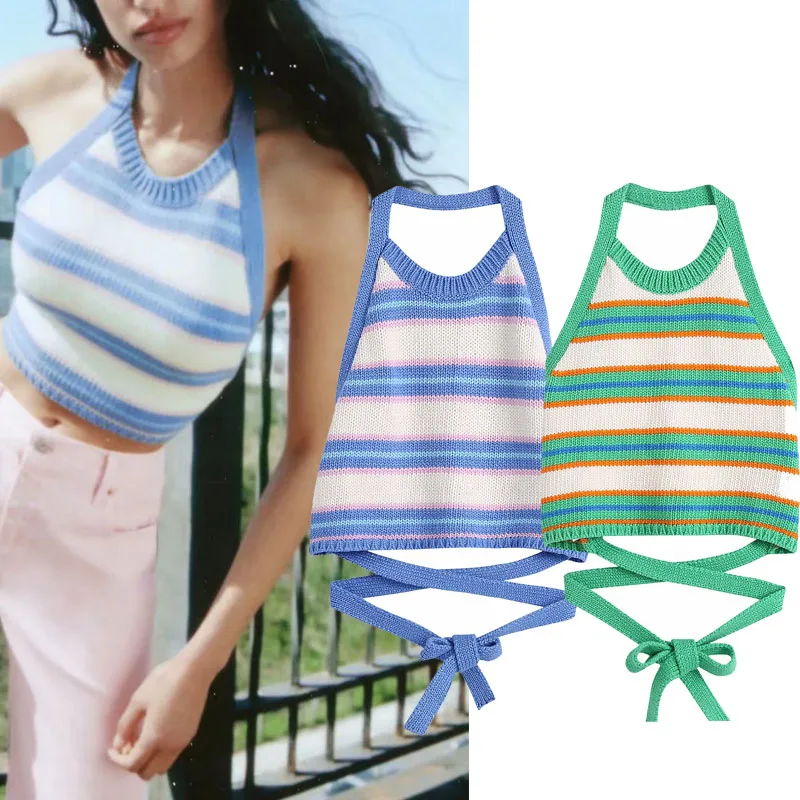 

Летний Новый Стиль, Женский Универсальный облегающий полосатый трикотажный топ на бретельках, сексуальный женский жилет с лямкой на шее