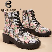 new chic flowers printed high quality shoelaces chunky heels skidproof platform work ankle booties women shoes boots