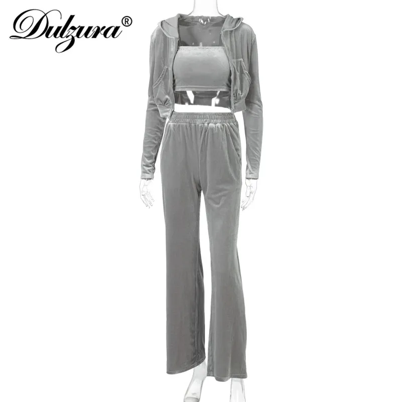 

Dulzura Velvet Women 3 Piece Set Hoodie Sweatshirt Zipper Tube Crop Top High Waist Wide Leg Pants Tracksuit Sporty Casual Outfit