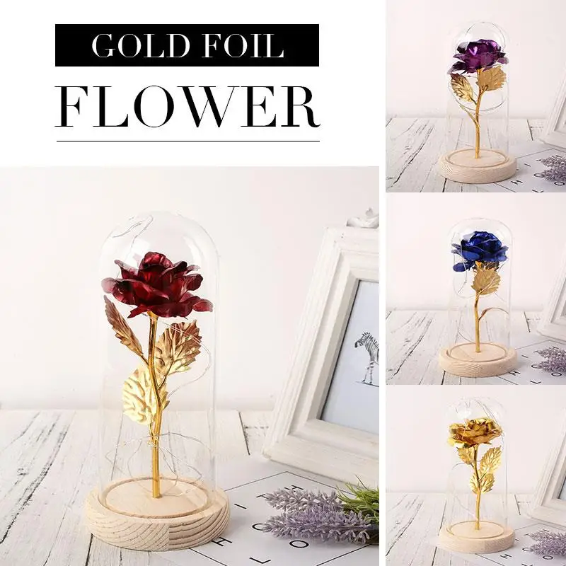 

LED Glass Cover Gold Foil Rose Immortality Romantic Rose Flower Eternal Flower Wedding Decoration Flowers Valentine'S Day Gift