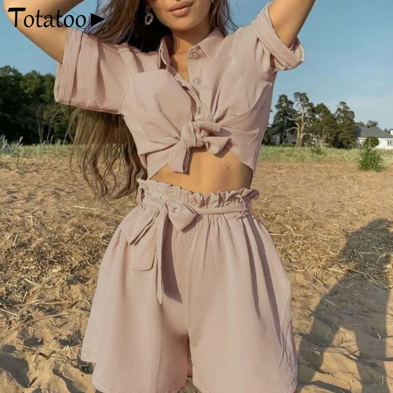 

Totatoop Causal Women White Lounge Wear Summer Tracksuit Short Sleeve T Shirt And Sash Wide Leg Shorts Two Piece Set Outfits