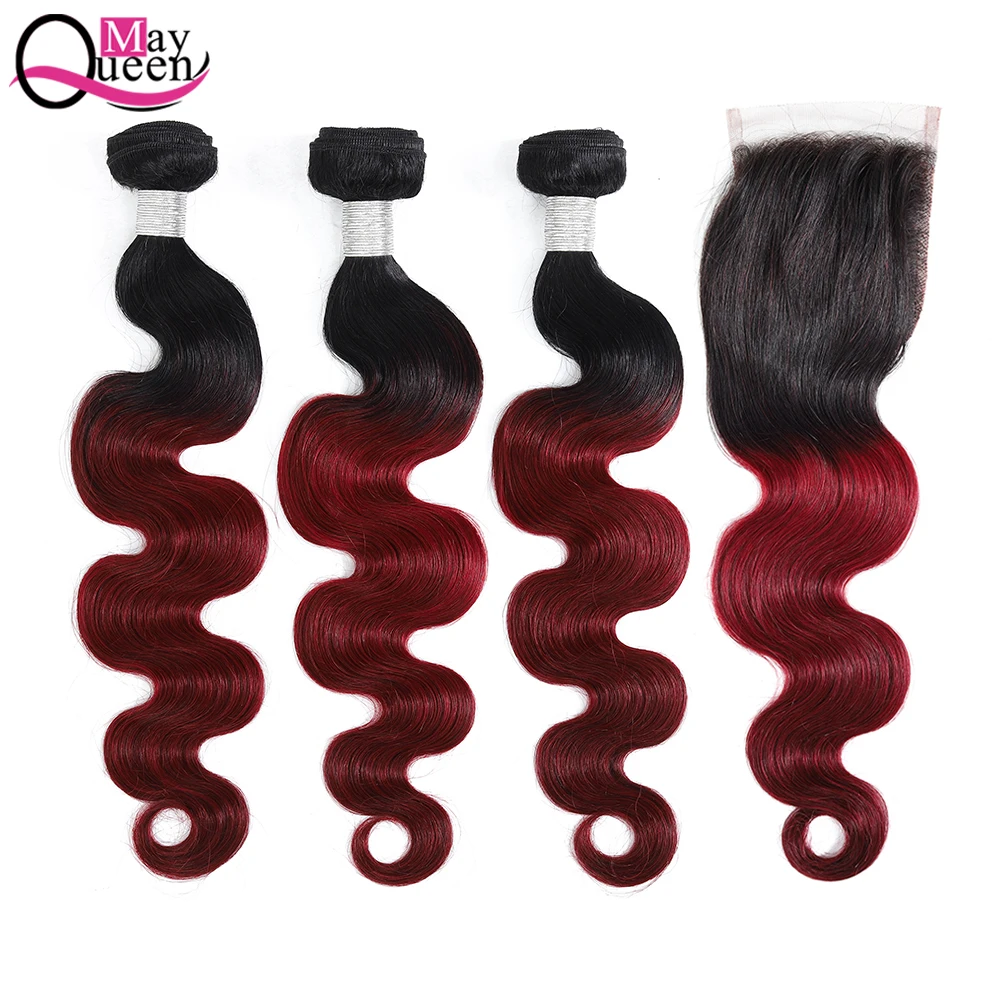 Бразильские волнистые пряди с закрытием бразильские волосы Реми 1B бордовый|3/4