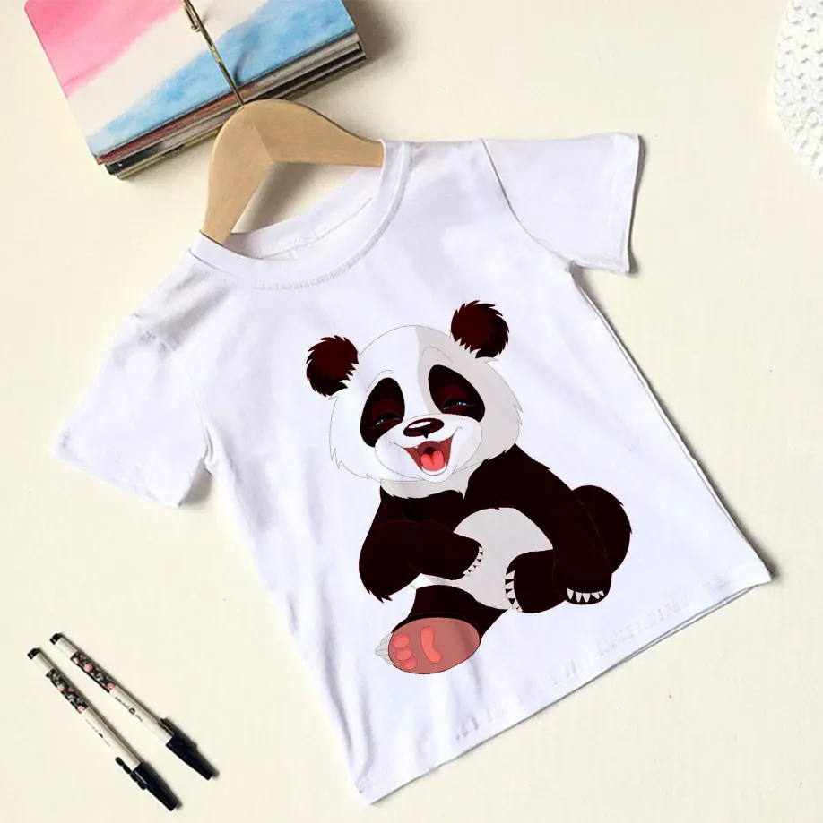 

Cartoon Girls T Shirt Funny Panda Printing Boys Tshirts Kawaii Kids Shirt Design Short Sleeve Summer Sweet White Clothes Leisure