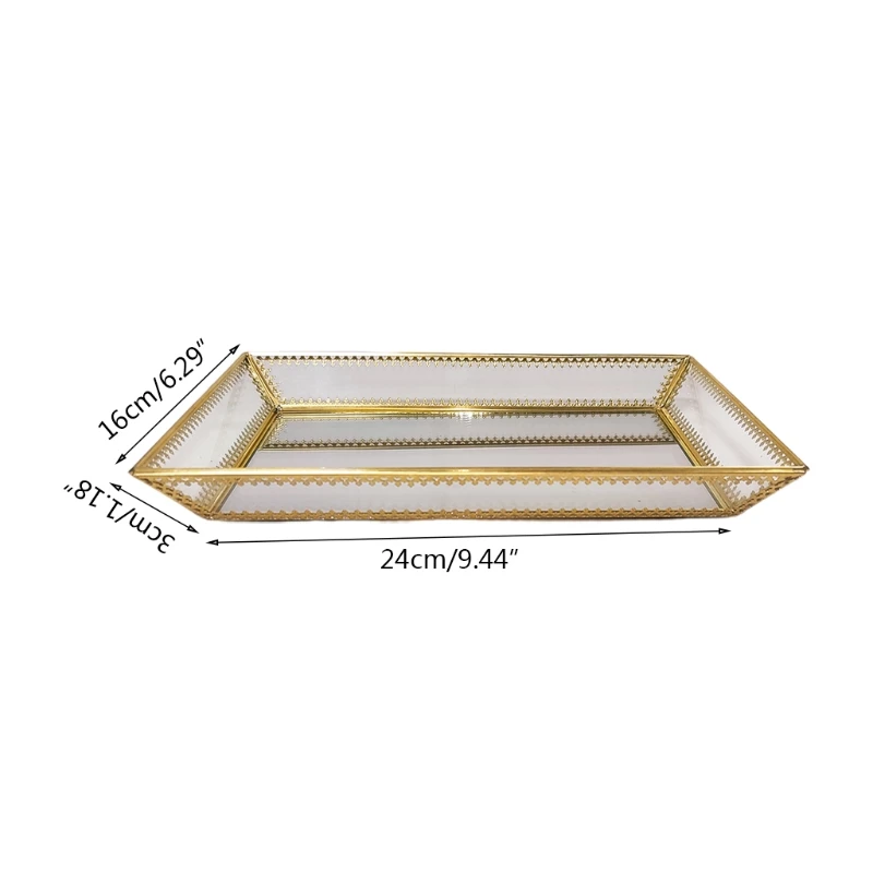 

Rectangle Gold Mirror Jewelry Organizer Tray Glass Metal Makeup for Bathroom J78F
