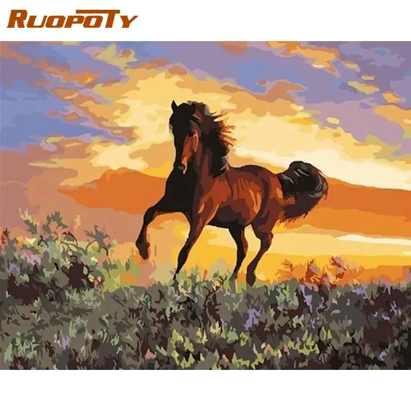 

RUOPOTY Oil Painting By Numbers 60x75cm Frame Running Horse Animal Picture By Number HandPainted Unique Gift Home Decorations