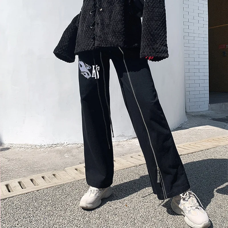 Готические черные женские свободные прямые брюки с высокой талией и вышитыми