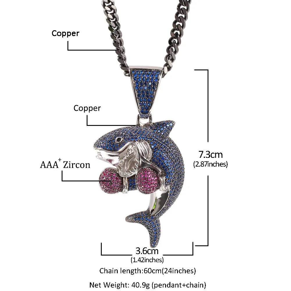 6mm Boxing Shark Pendant Cuban link Twist Chain Gold Silver Color Bling Cubic Zircon Men's Hip hop Necklaces Jewelry boho Gift |