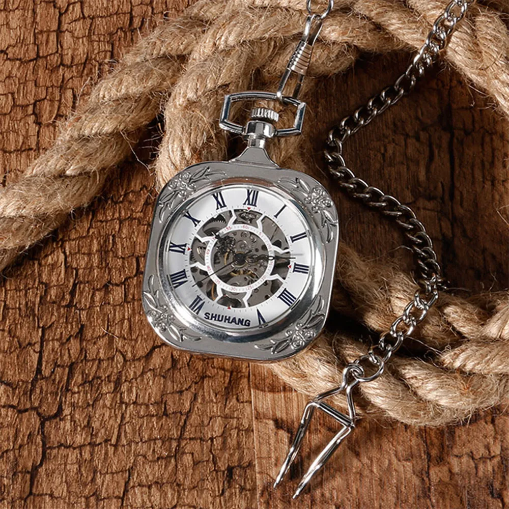 Exquisite Open Face Square Pendant Hand Winding Mechanical Pocket Watch Roman Numerals Display Manual Mechanism Pocket Clock